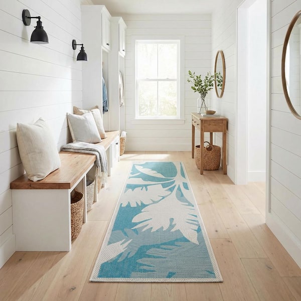 Monaco Coastal Flora Ivory-Turquoise 2 ft. x 12 ft. Indoor/Outdoor Runner Rug