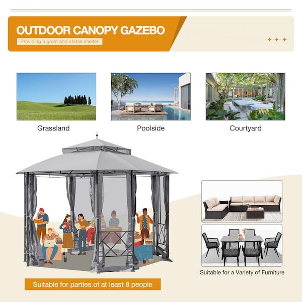 12'x10' Patio Gazebo, Heavy Duty Outdoor Canopy With Mesh Curtains And  Safety Bars, Canopy Tent With Waterproof Double Roof Tops, For Garden