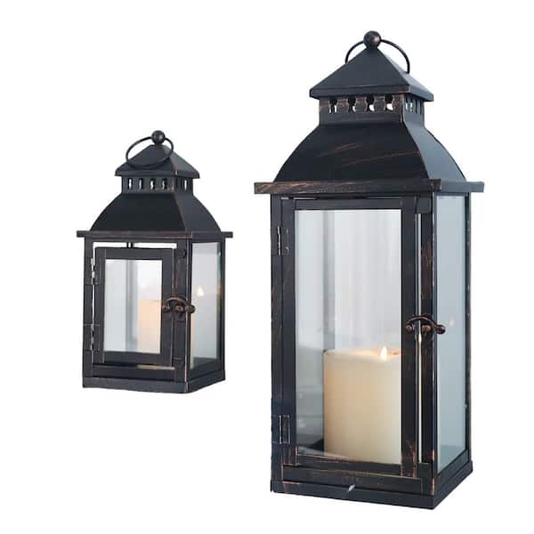17.3 in. and 10.6 in. H Bronze Glass and Metal Lanterns Decorative Outdoor and Indoor
