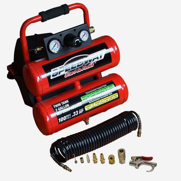 SPEEDWAY 2 Gal. Twin Stack Compressor Kit with 25 ft. Recoil Hose and Inflation Kit