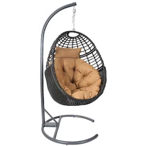 Brown Egg-Shaped Metal Outdoor Freestanding Porch Swings Hanging with Cushion and Headrest