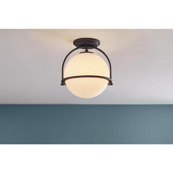 Home Decorators Collection Owens 11.25 in. 1-Light Matte Black Semi-Flush Mount Ceiling Light Fixture with White Glass Globe Shade