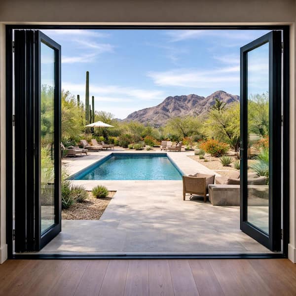 144 in. x 96 in. Black Aluminum 1-Right Opening/3-Left Folding Outswing 4-Panel Bi Fold Patio Door 1R3L (Interior View)