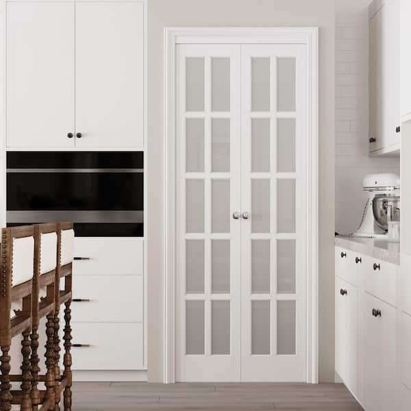 30 in. x 80 in. Frosted Glass Solid Core MDF Bi-fold Door Plus French Style Pivot Hardware (10-Lite White Finish)