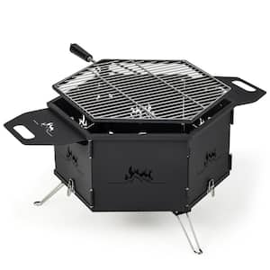 2-in-1 Functional Portable Charcoal Grill Stove Fire Pit in Black with 360-Degree Rotatable Grill Foldable Body and Legs