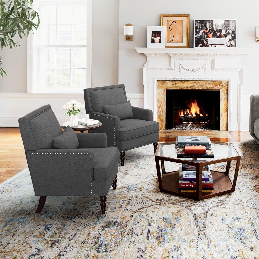 35 in. Carbon Gray Fabric Traditional Accent Arm Chair with Wood Frame and Nailhead Trim (Set of 2)