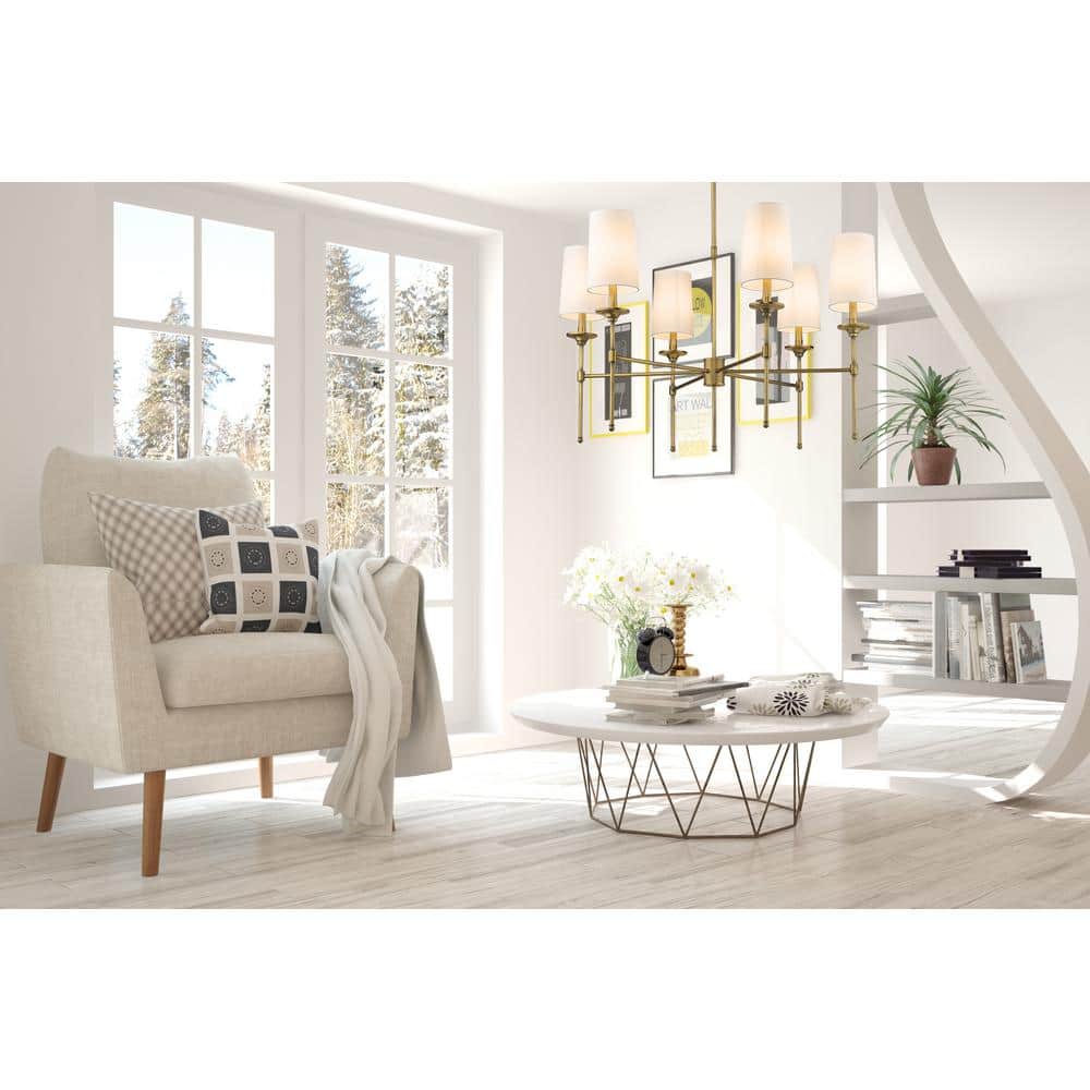 Emily Rubbed Brass 6-Light Chandelier with Off-White Shades