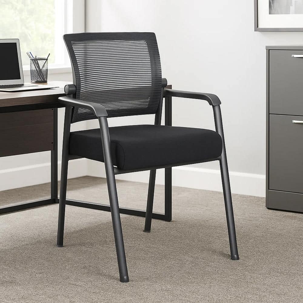 Akon Mesh Upholstered Ergonomic Office Guest Chair in Black with Non-Adjustable Arms