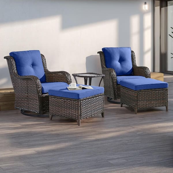 moosprr 5-Piece Brown Wicker Patio Conversation Set with Blue Cushions and Swivel Glider Chairs/Ottomans/Side Table
