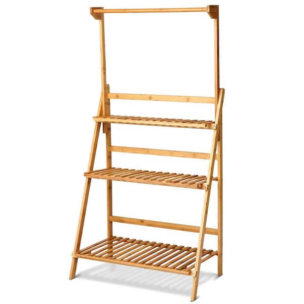 ANGELES HOME 56.5 in H x 27.5 in. W Bamboo Folding Plant Stand with Hanging Design