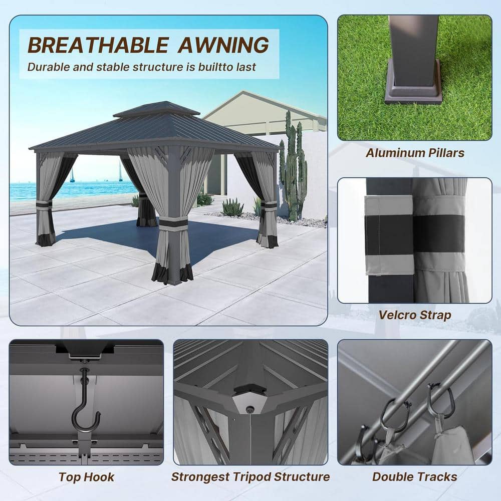 Gray 12x16ft Hardtop Gazebo with Nettings and Curtains