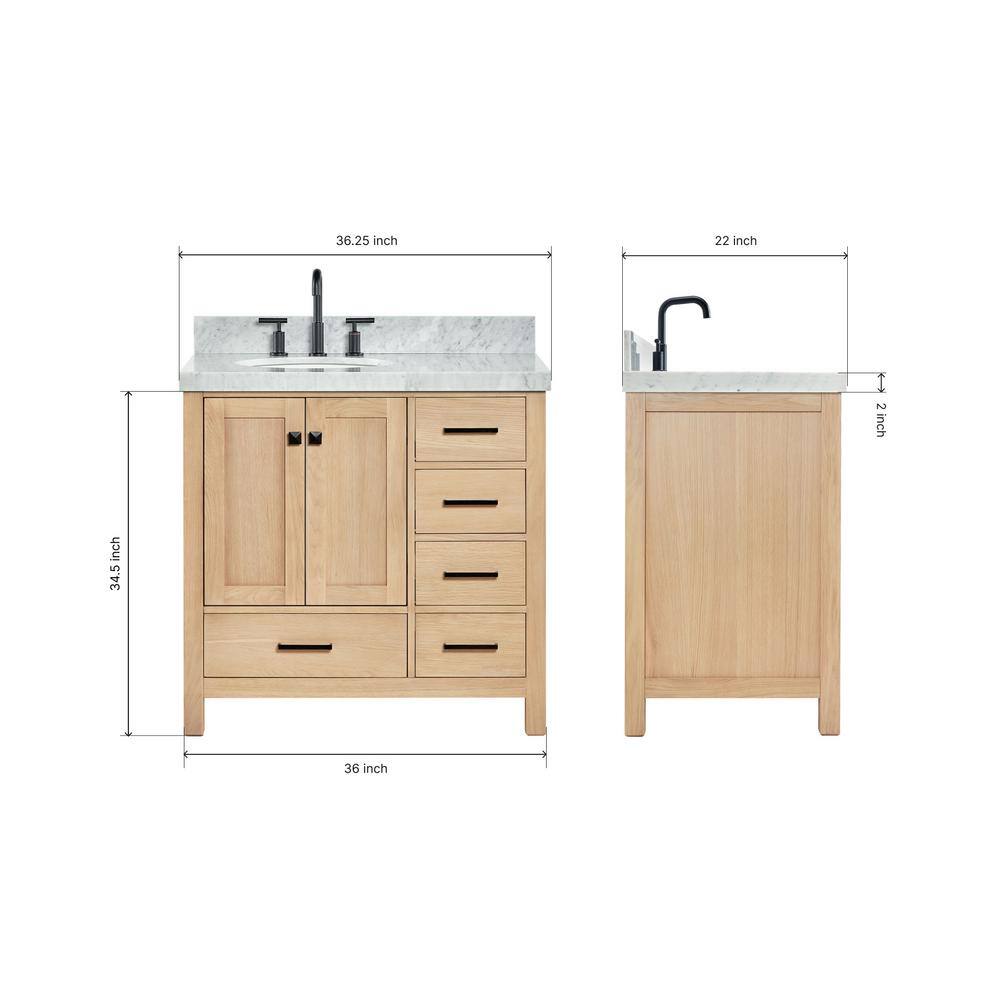 Oak Freestanding Vanity with Carrara Marble Top and Black Hardware