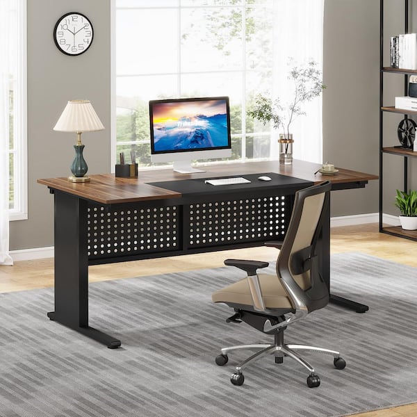 Tribesigns Small Square Computer Desk Set of 2, 82.66 Extra Long Home  Office Desk, Double Office Desks with Brown and Black Splice Board, Free