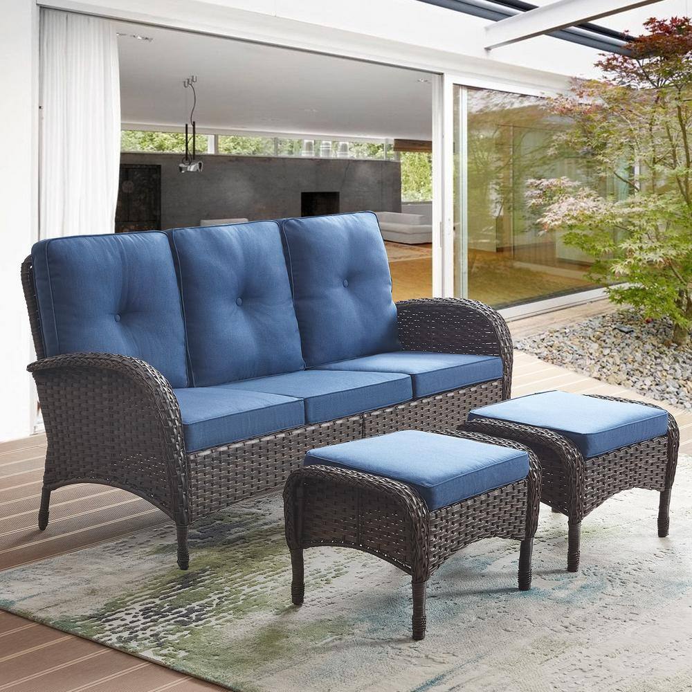 Brown Wicker Outdoor Ottomans with Blue Cushions Set of 2