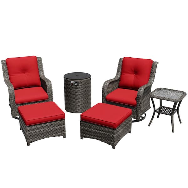 6-Piece Fire Pit Patio Set Wicker Outdoor Patio Conversation Set with Swivel Rocking Chairs, Ottomans and Red Cushions