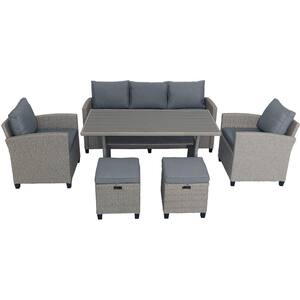 Classic Gray 6-Piece Rattan Wicker Outdoor Set Patio with Gray Cushion Sofa Chair Stools and Table for Garden Backyard