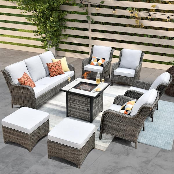 XIZZI Vincent Gray 8-Piece Wicker Outdoor Patio Fire Pit Seating Sofa Set and with Gray Cushions