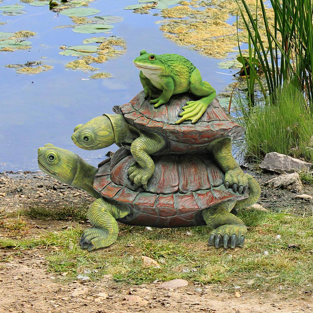 Hand-Painted Green Frog and Turtles Resin Garden Statue