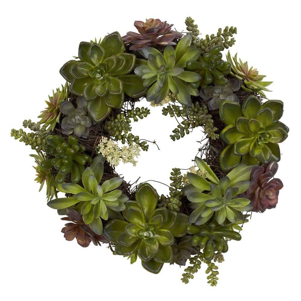 Nearly Natural Succulent Artificial Wreath, Green, 20"