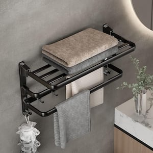 23.6 in. Wall Mounted Space Aluminum Foldable Towel Bar in Matte Black with High Weight Capacity and 7-Hooks
