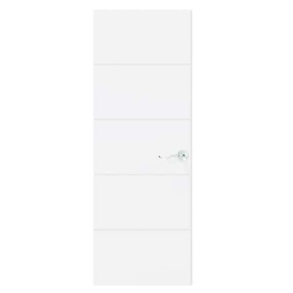 32 in. x 80 in. 5-Panel, White UV Primed, Composite Solid Core, Interior Door Slab with Silver Curved Doorknob