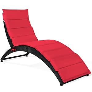 Black Reclining Wicker Outdoor Patio Rattan Lounge Chair Chaise Chair with Red Cushions