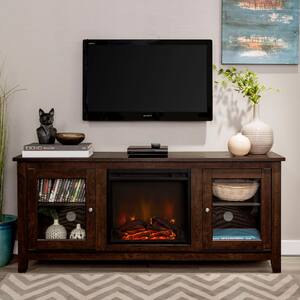Traditional 58 in. Brown TV Stand fits TV up to 65 in. with Glass Doors and Electric Fireplace