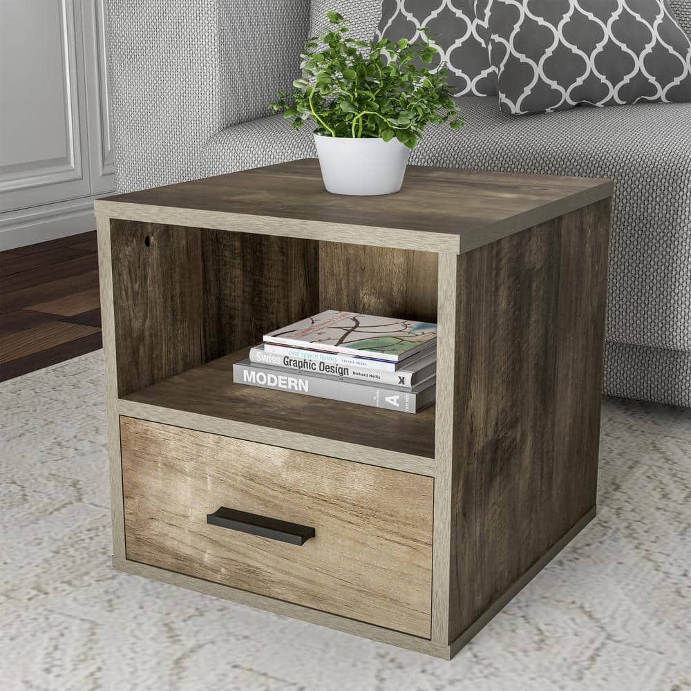 Lavish Home Gray Modular Cube End Table with Drawer HW0200204 The