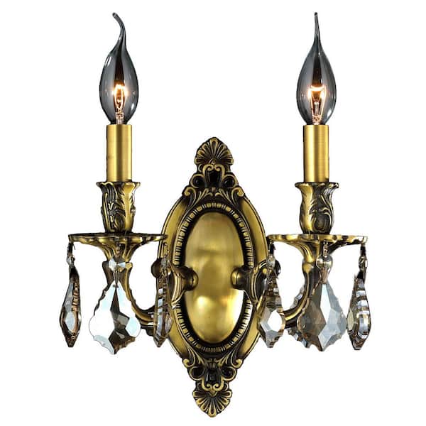 Worldwide Lighting Windsor 2-Light Antique Bronze Golden Teak Crystal Candle Cast Brass Wall Sconce
