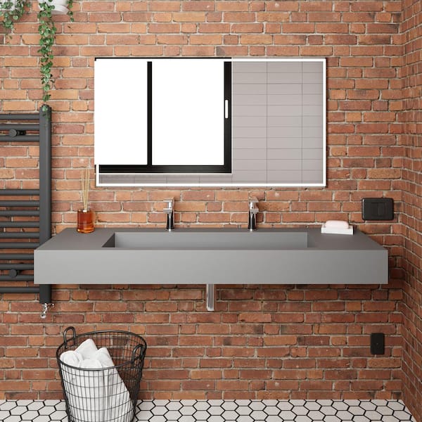 Pyramid 60 in. Wall Mount Solid Surface Single Basin Rectangle Bathroom Sink in Matte Gray