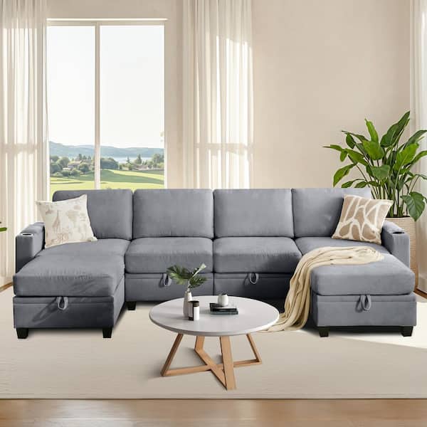 Modern 117.4 in. Grey Chenille Square Arm U-Shaped Storage Sofa with Cup Holder and Two Ottomans for Living