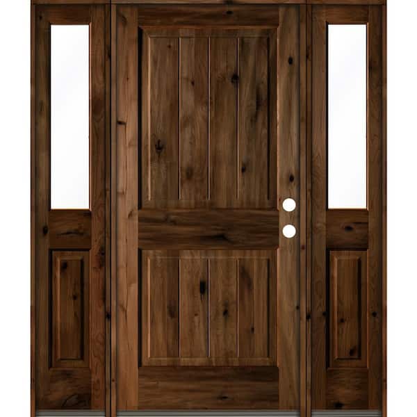 Krosswood Doors 64 in. x 80 in. Rustic Alder Square Provincial Stained Wood with V-Groove Left Hand Single Prehung Front Door