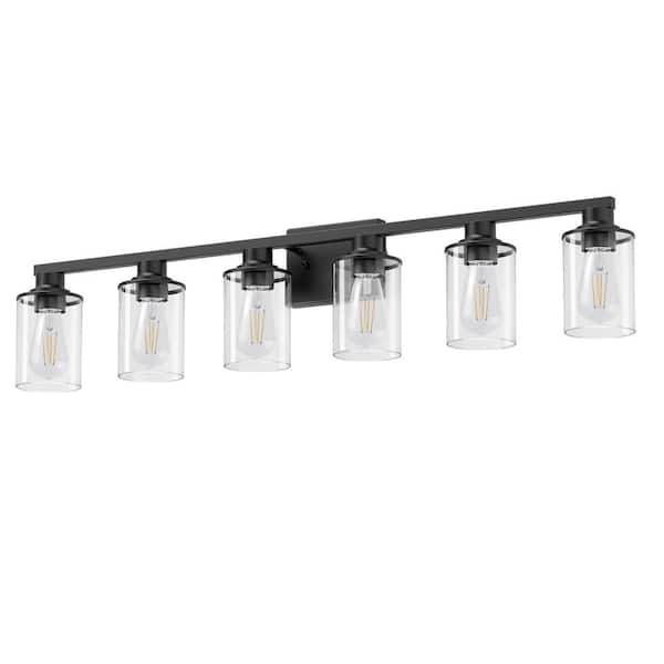 40 in. 6-Light Black Metal Dimmable Vanity Light with Clear Cylinder Glass Shades for Vanity Powder Room Dressing Room