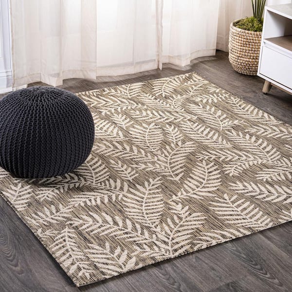 Nevis Palm Frond Brown/Beige 5 ft. Square Indoor/Outdoor Area Rug