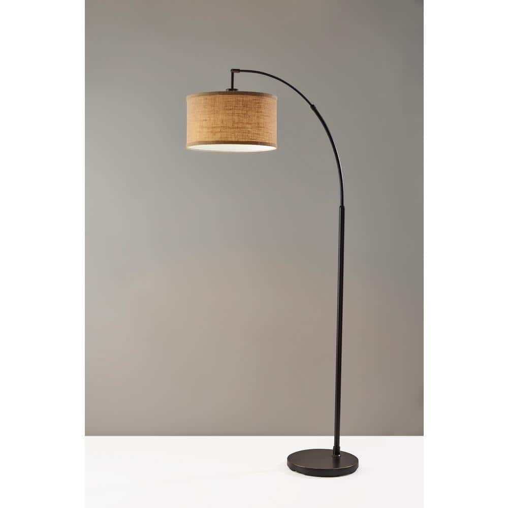 Antique Bronze Burlap Arc Floor Lamp with Drum Shade