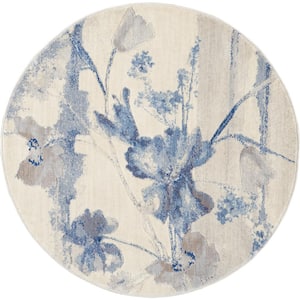 Somerset Ivory/Blue 4 ft. x 4 ft. Floral Contemporary Round Area Rug