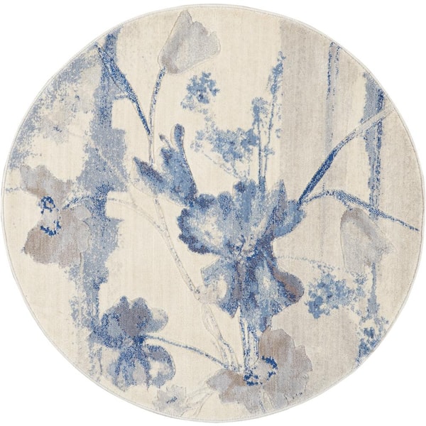 Nourison Somerset Ivory/Blue 4 ft. x 4 ft. Floral Contemporary Round Area Rug