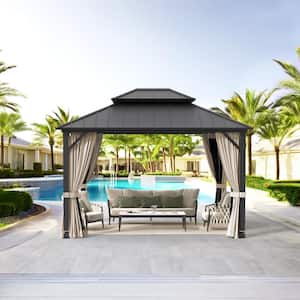 Grant 10 ft. x 12 ft. Black Hardtop Aluminum Outdoor Gazebo With Galvanized Steel Double Roof Curtain Netting