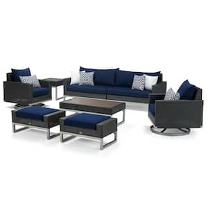 Milo Espresso 8-Piece Motion Wicker Patio Seating Set with Navy Blue Cushions