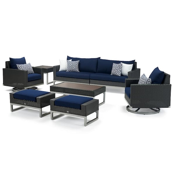 RST BRANDS Milo Espresso 8-Piece Motion Wicker Patio Seating Set with Navy Blue Cushions