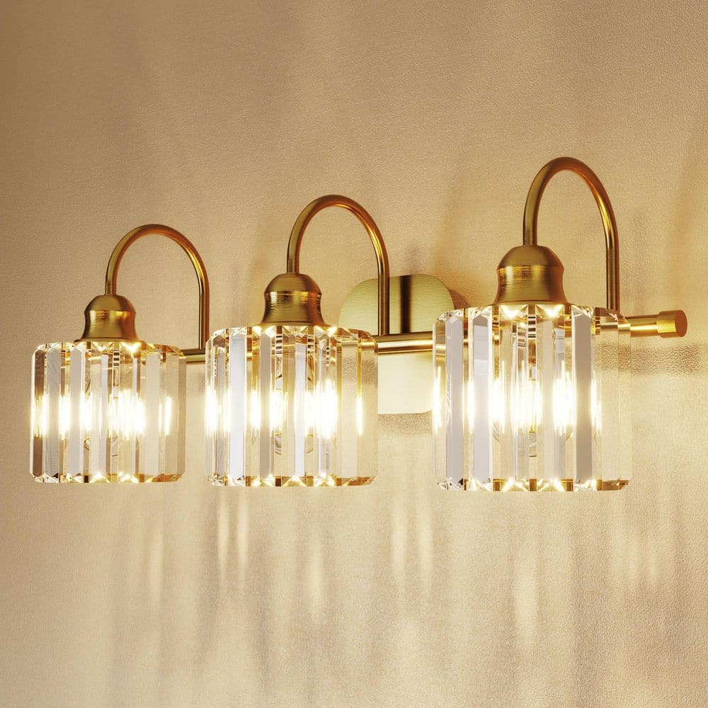 ExBrite Merrin 23.1 in. 3-Light Brushed Gold Bathroom Vanity Light with Crystal Shades THDVLT1301BG - The Home Depot
