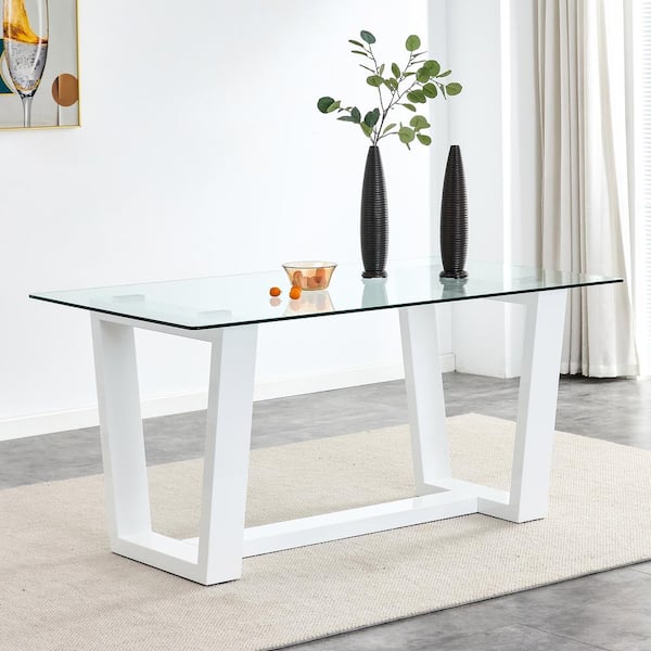 Polibi Modern Rectangle White Glass 61.81 in. Sled Dining Table Seats for 6