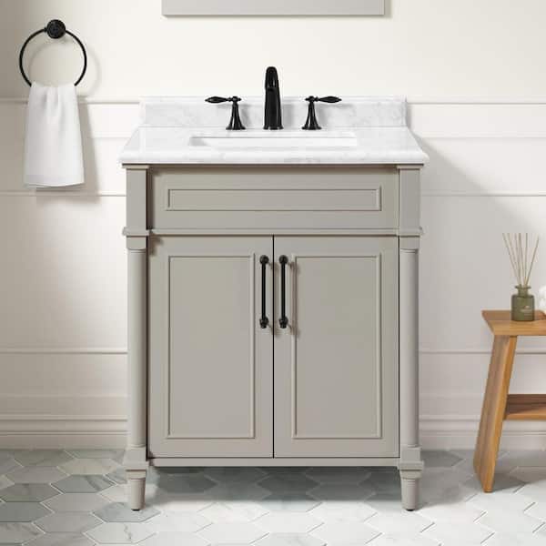 Aberdeen 30 in. Single Sink Greige Bath Vanity with Carrara Marble Top (Assembled)