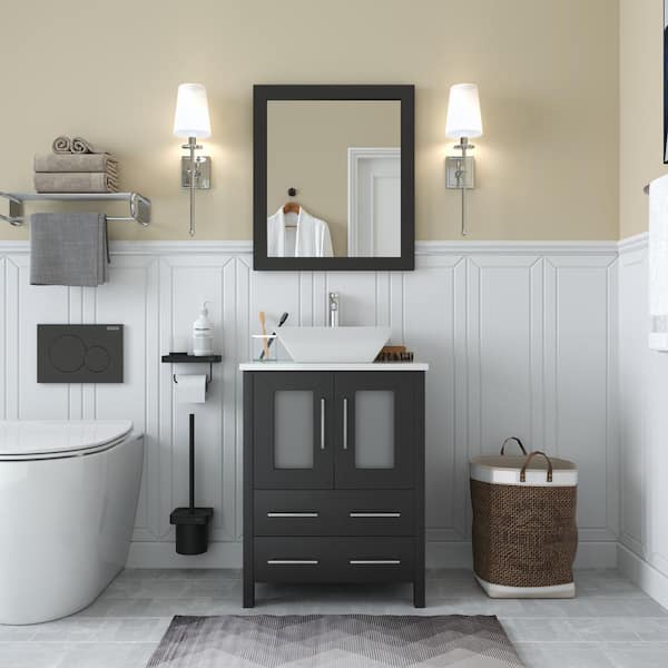 Ravenna 24 in. W Bathroom Vanity in Espresso with Single Basin in White Engineered Marble Top and Mirror