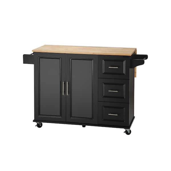 FUNKOL Black Rubber Wood 54 in. Kitchen Island and Kitchen Cart with 3 ...