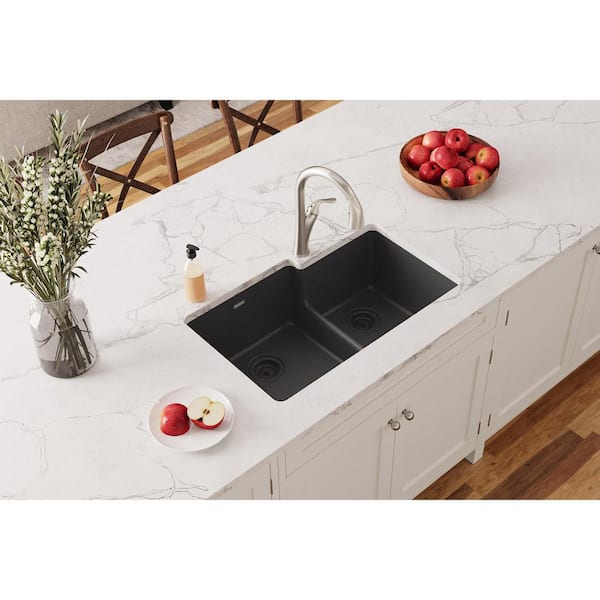 Quartz Classic 33 in. Undermount Offset 60/40 Double Bowl Black Granite/Quartz Composite Kitchen Sink Only