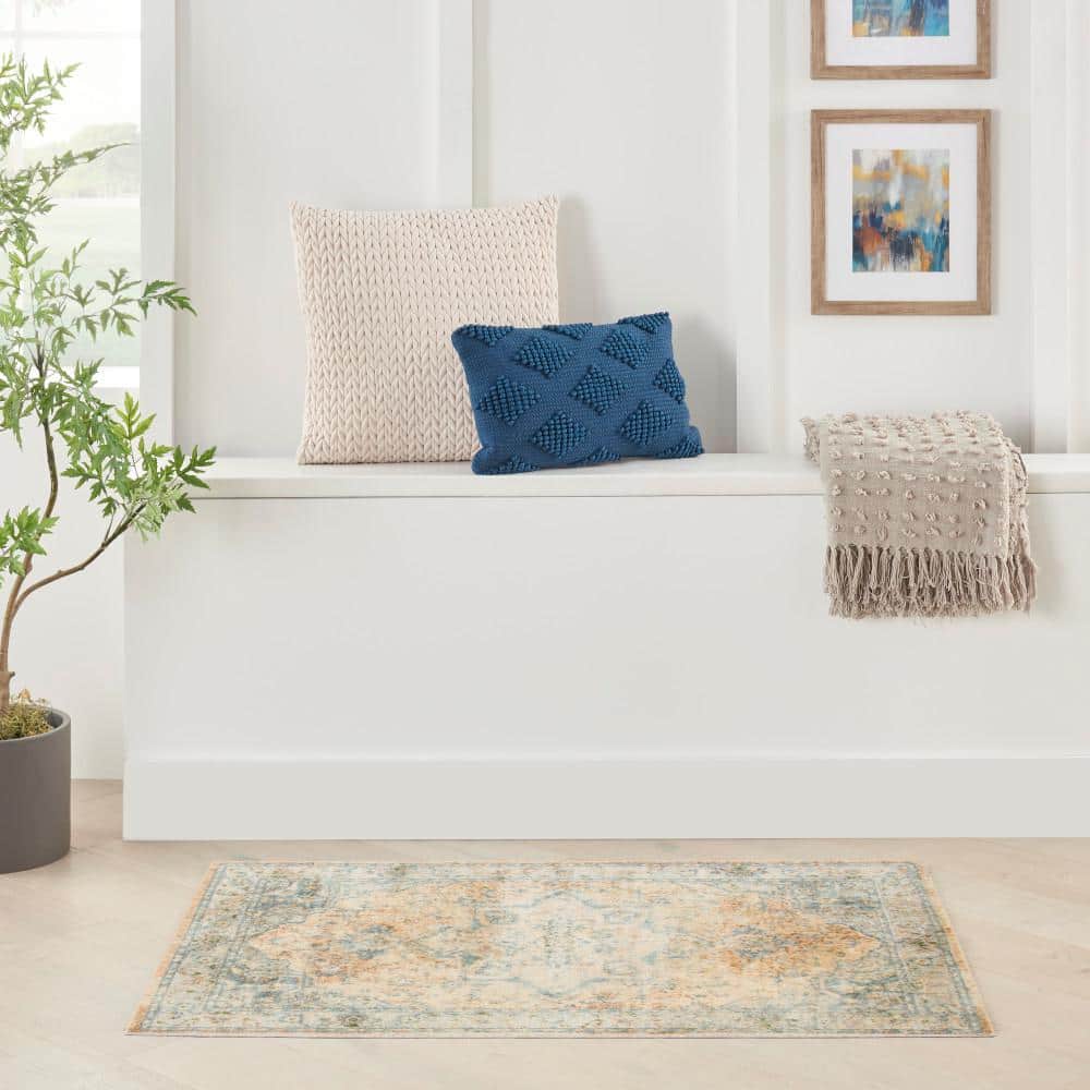 Beige Blue Medallion Washable Synthetic Flatweave Rug 2'2" x 4'