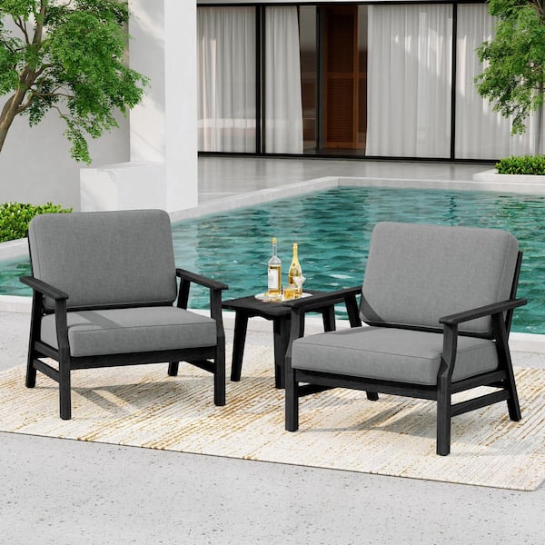 Black Solid Wood Frame Outdoor Patio Lounge Chairs with Gray Cushion (2-Pack)