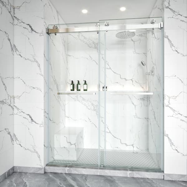 LASIHEM 56-60 in. W x 79 in. H Double Sliding Frameless Shower Door in Brushed Nickel with 3/8 in. Clear Glass