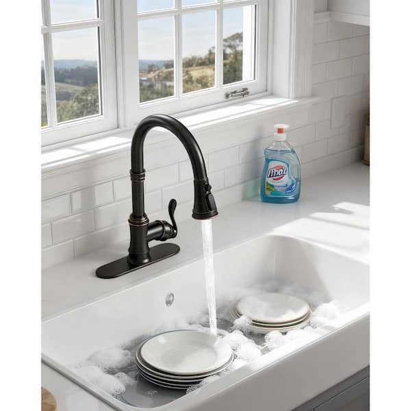 Single Handle Pull Down Sprayer Kitchen Faucet with Advanced Spray with Deck Plate in Oil Rubbed Bronze